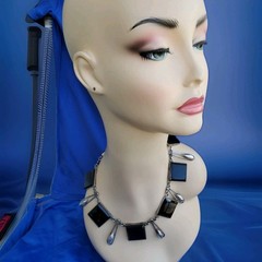 Original STERLING SILVER 925 Deco Onyx Modernist Necklace 186 Gr Vintage 18″ In