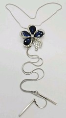 Blue Crystal Flower Necklace Bolo Tie Silver tone snake Chain 36 in STUNNING