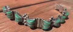 Vintage Mexico Sterling Silver 925 Green Onyx Stone Link Chain Metal Bracelet