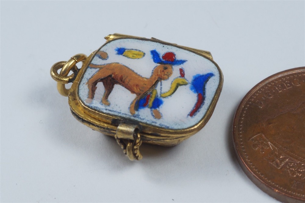 ANTIQUE GILT ENAMEL EGYPTIAN OPENING MOSES BASKET CHARM c1920