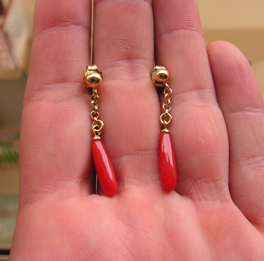 Earrings coral red genuine untreated blood of ox gold Italy drop heart