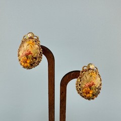 Vintage West Germany Clip On Earrings Gold Tone Filigree Floral Decal Rhinestone