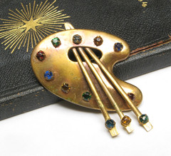 VTG Large ARTIST Palette Brushes BROOCH 1940s Brass RHINESTONE Paint Colors