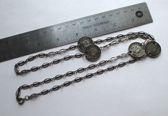30in VINTAGE 1967 CINCO CENTAVOS MEXICO COIN SILVER PLATED ORNATE CHAIN NECKLACE