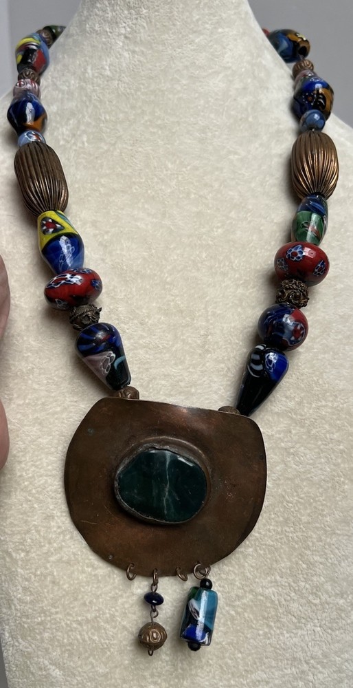 Vintage Multicolor Glass Large Bead Necklace Copper Green Jasper Pendant * Read