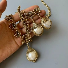 Victorian Pearl Necklace Earrings Set Antique Gold Statement Jewelry