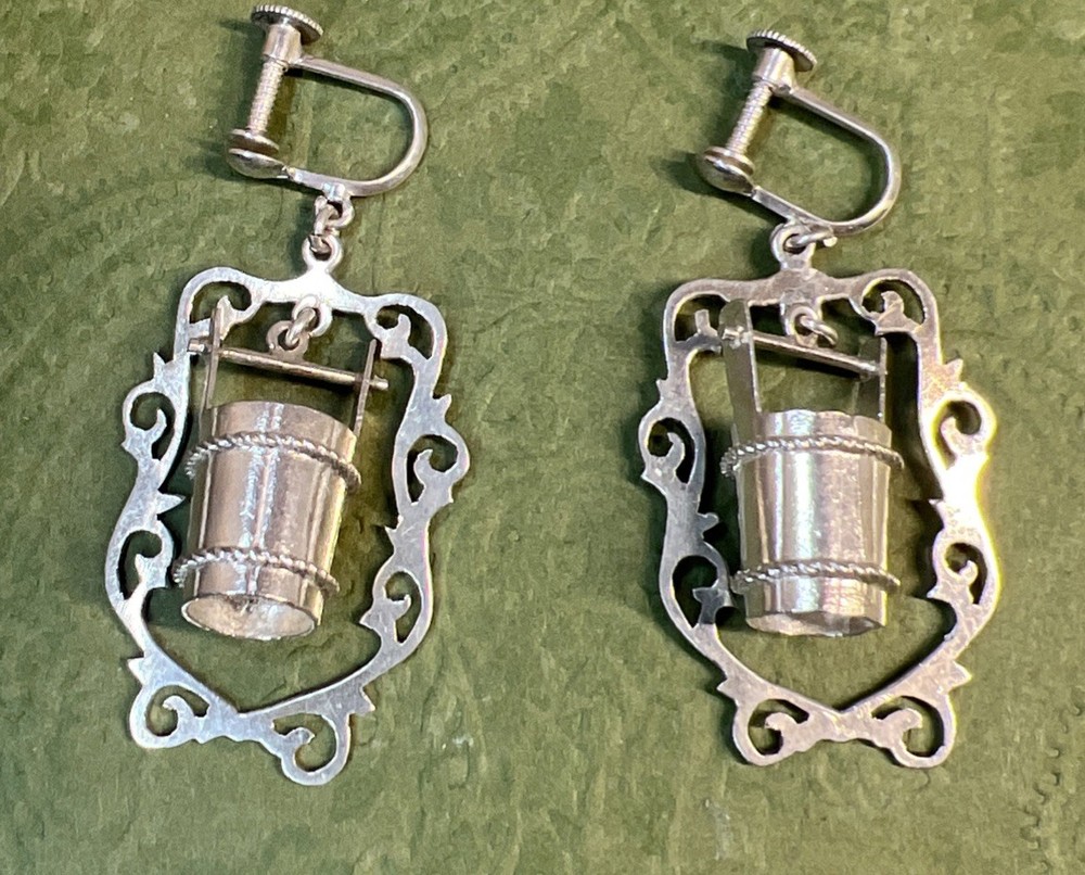 Vintage 1950s Wishing Well Bucket 925 Sterling Silver Screw Back Earrings 6.24g