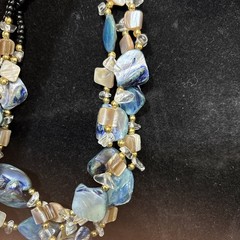 Vintage Triple Strand Pearlized Blue Stone Beaded Necklace 18″