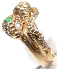 Vintage 14K Rose Gold Double Serpent Ring Diamond Natural Jade & Ruby Eyes Deco