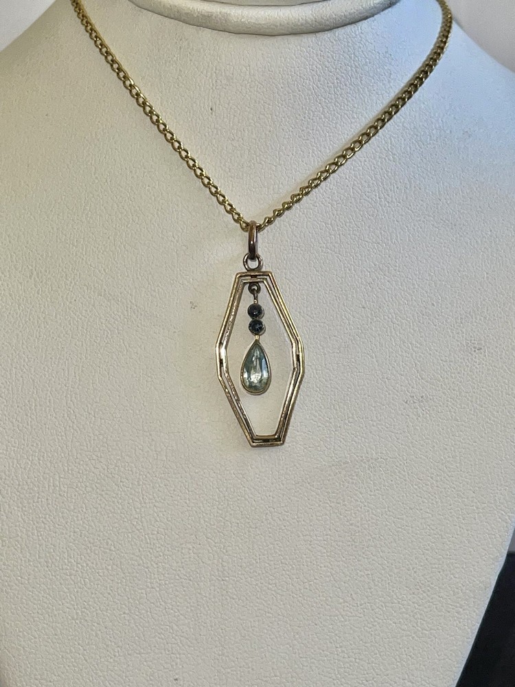 Antique 14kt Rolled Gold Pear Shaped Light Blue Art Glass Pendant Necklace