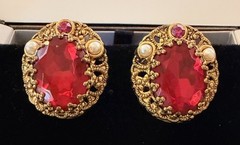 West Germany Gold Filigree Enamel Ruby Red & Pink Rhinestone Brooch & Earrings