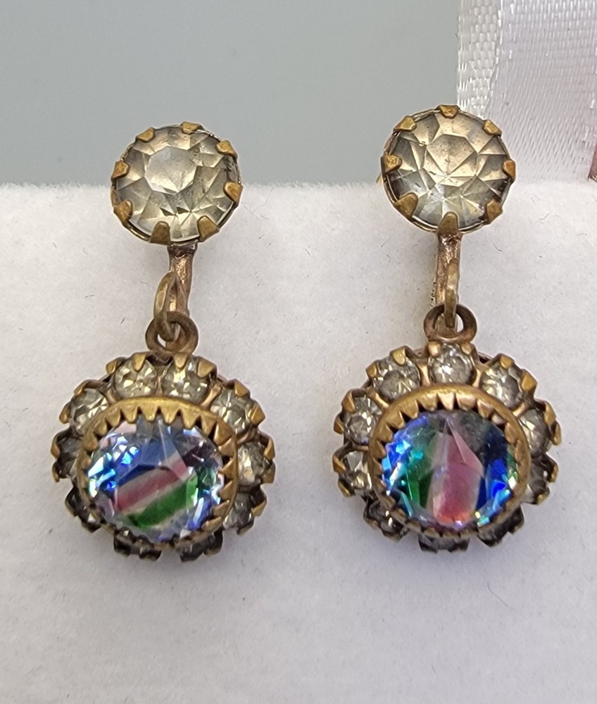 Estate Czech Antique Iris Glass Rhinestone Screw Back Dangle Earrings Signed