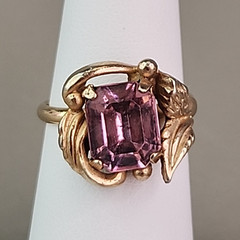 Rhinestone Ring Pink Glass Adjustable Gold Tone Leaves 6.5