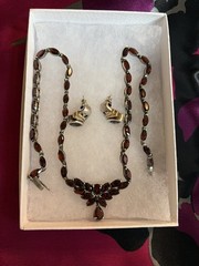 Women’s Garnet Necklace Set 925 Sterling Silver 17.75 “ & Matching Earrings