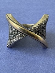 RARE Modernist Designer 925 Sterling Silver 14K Gold Black Diamond X Ring