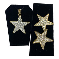 Pave Crystal Rhinestone Goldtone Star Pendant *NO CHAIN* & Clip On Earrings VTG