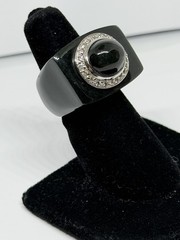 Vintage Modernist Black Glass Onyx Center & Cubic Zirconia Stone Ring Size 5
