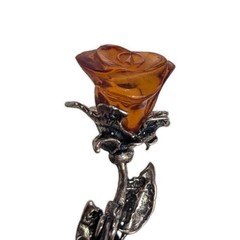 Vintage Sterling Silver Carved Baltic Amber Rose Flower Brooch Pin 2″