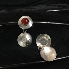 ESTATE STERLING SILVER CARNELIAN STAMPED DROP DANGLE POST BACK EARRINGS 1 5/8″