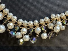 Vintage Filigree Beads Cha Cha Beaded Necklace with Faux Pearls AB Rhinestones