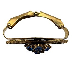 Vintage Gold Tone Filigree Blue Rhinestone Cluster Hinged Scarf Clip