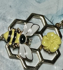 Gold Tone Enamel Bumble Bee & Honey Comb Yellow Flower Necklace, Signed Talbots