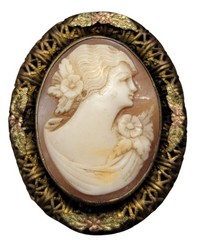 Vintage Carved Cameo Brooch Intricate Woven Frame Mixed Metal Gold Plated Leaves