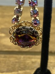 Vtg 1960s Watermelon Glass Rivoli & AB Rhinestone Clip On Dangle Earrings 2”