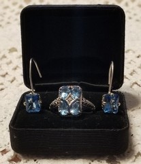 Art Deco Antique Blue Topaz Diamond Accent Ring & Earrings Set,Size 10, 925 &CNA