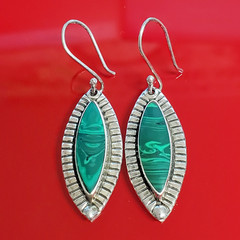925 ATI Mexico Malachite Earrings 1.75in Drop Sterling Silver 6g Marquise Bezel