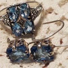 Art Deco Antique Blue Topaz Diamond Accent Ring & Earrings Set,Size 10, 925 &CNA