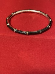Vintage Art Deco Contemporary Style Bangle W/Bamboo Design Jet Black Silver Tone