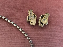 Beautiful Green Rhinestone Costume Necklace + Earrings-1940s- many Rhinestones!