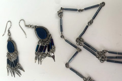 Vintage Peruvian Alpaca Metal Necklace & Pierced Earring Set Dangles Blue Stone