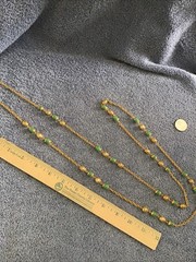 Vtg Jade Green Bead Necklace Gold Tone Faux Pearl Long Metal Filigree Bead Caps