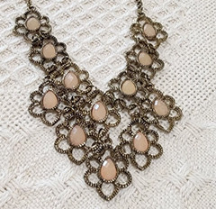 Gold Flower Faceted Light Pink Teardrop Accent Statement Bib Necklace