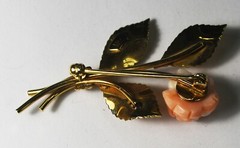 Gold Filled Pink & White Carved Rose Flower 48mm x 25mm Brooch Pin