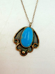 Vintage Necklace Native American Blue Turquoise Chain Pendant Signed 15 in