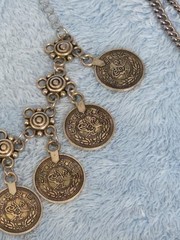 Vintage Bohemian Silver-Toned Coin Bracelet Anklet Dangle Charm ADJ. & Broach.