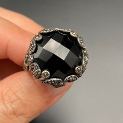 Vintage Art Deco Faceted Black Sterling Silver Marcasite Ring Size 8.25