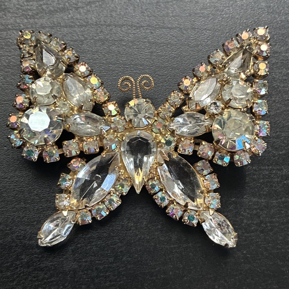 Signed Kramer Rhinestone Butterfly Brooch Clear & AB Gold Tone Vintage 1950s