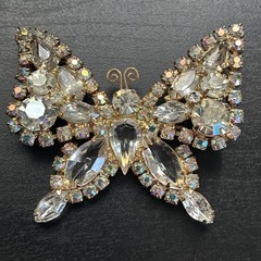 Signed Kramer Rhinestone Butterfly Brooch Clear & AB Gold Tone Vintage 1950s