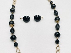 VTG Black Beaded Long Strand with Tassel Necklace Earrings Set Retro Boho Chic