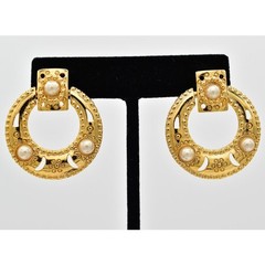 Vintage Dangle Earrings Gold Floral Pearl Door Knocker USA Made NOS 1980s 9M
