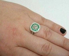 Art Deco Round Lab-Created Diamond & Emerald Halo Wedding White Gold Finish Ring