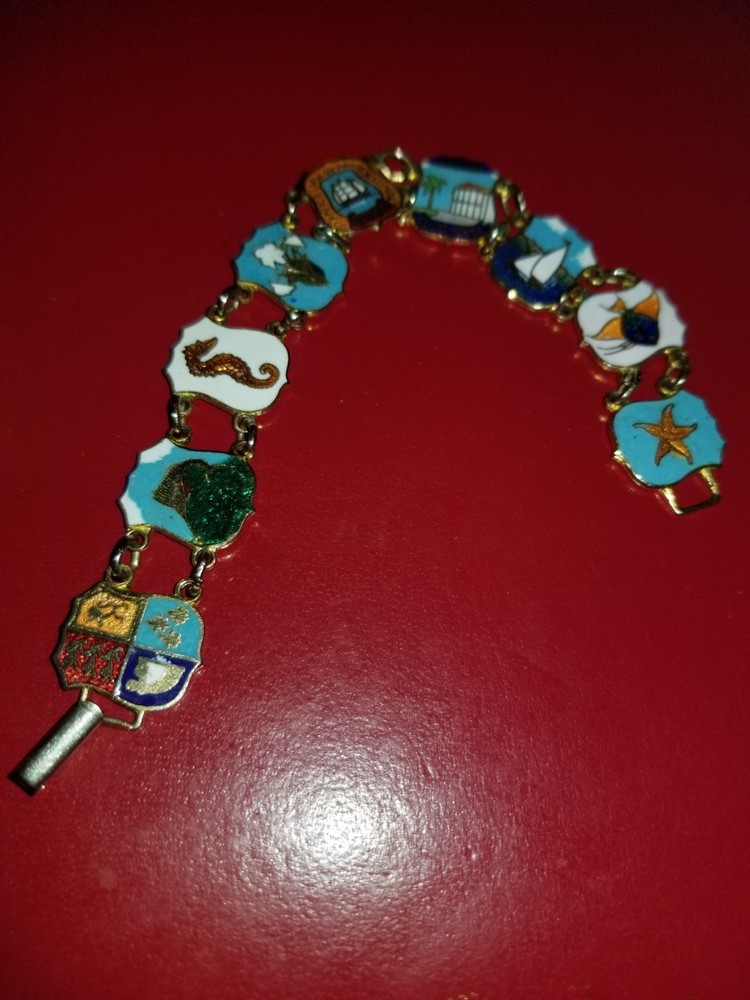 Vintage Nassau Bahamas Enamel Souvenir Tourist Link Gold Bracelet