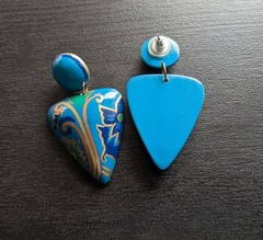 Vintage Hand Painted Wood Earrings Blue Ethnic Boho Statement Post