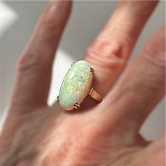 Crystal Opal Oval Cabochon 5.45 Carats 21.4 mm x 11.4 mm 18k Yellow Gold Ring