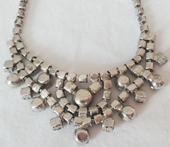 Vintage Rhinestone Statement Necklace Silver Tone Bib Bridal 15.5in