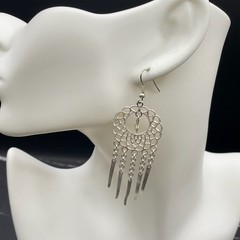 Vintage Silver-Tone Spike Tassel Dolphin Dangle Chandelier French Wire Earrings